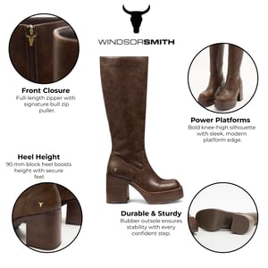Windsorsmith Dames Oak Brown Kunstleren Kniehoge Platform Hak Laarzen - Niche