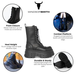 Windsorsmith Dames Zwarte Mid-Calf Biker Leren Platform Combat Boots - Screaming
