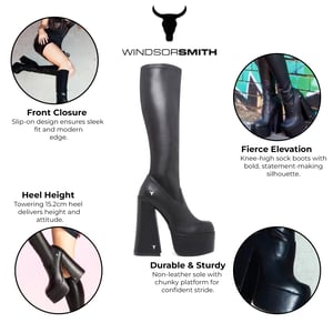Windsorsmith Dames Zwarte Kniehoge Sokken Platform Goth Hak Laarzen - Survival