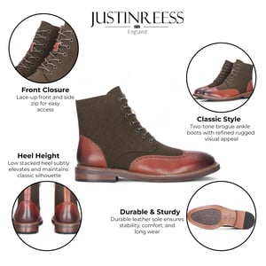 Justin Reess Heren Khaki Bruine Brogue Leren Enkellaarsjes - Clifford