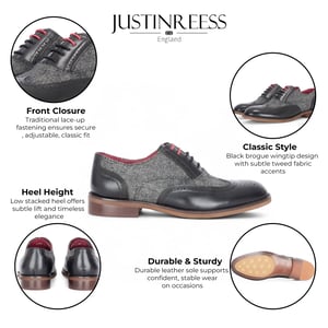 Justin Reess Heren Zwarte Leren Tweed Brogue Schoenen - Albert