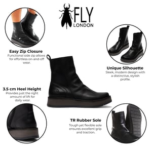 Fly London Dames Zwarte RENO053FLY Leren Enkellaarsjes met Rits en Platform Comfort
