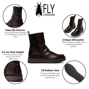 Fly London Dames Donkerbruine RENO053FLY Leren Enkellaarsjes met Rits en Platform Comfort