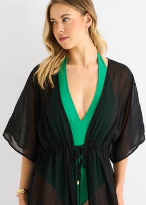 Zwarte, vloeiende, open strandkimono