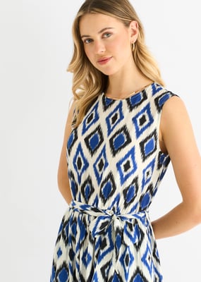 Blauwe midaxi jurk met geoprint en elastische taille