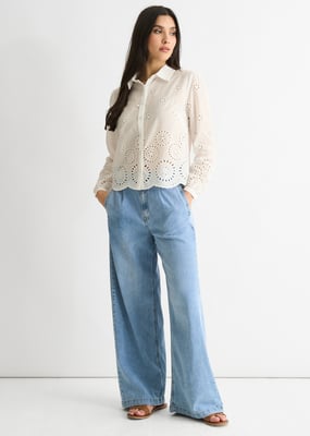 Wit Katoenen Broderie Schulp Boxy Shirt