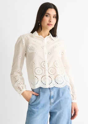 Wit Katoenen Broderie Schulp Boxy Shirt