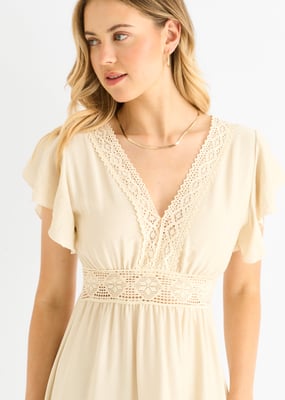Beige Crochet Kanten Paneel Elastische Taille Midi Dress
