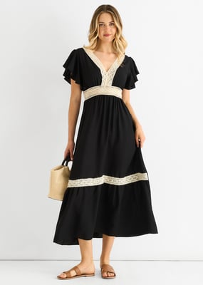 Beige Crochet Kanten Paneel Elastische Taille Midi Dress