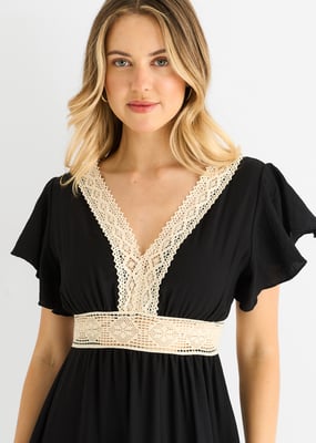 Beige Crochet Kanten Paneel Elastische Taille Midi Dress