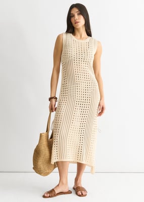 Beige gehaakte gebreide bodycon midi-jurk
