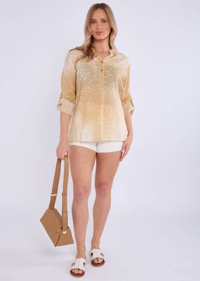 Beige denim look opgerolde mouwen oversized top