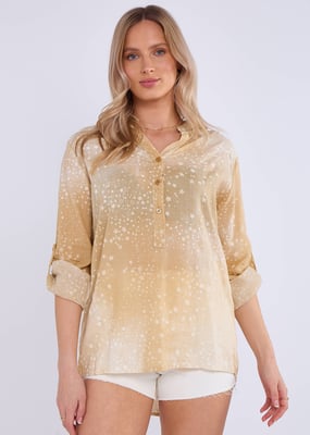 Beige denim look opgerolde mouwen oversized top