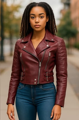 Dames Burgundy Cropped Brando leren bikerjack - Durban
