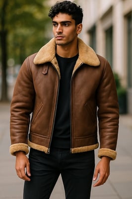 Heren Ginger Brown B3 WW2 Schapenvacht Leren Vliegeniersjack - Seshego