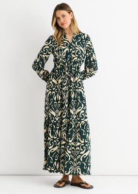 Groene Ikat Maxi jurk met strikbandprint