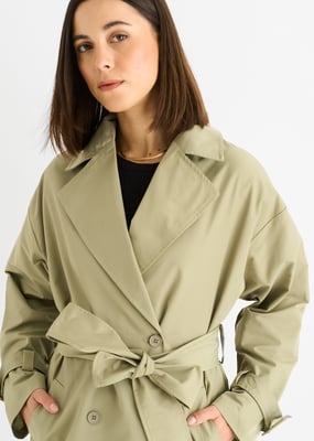 Sage Green Longline Trench Coat met dubbele borst en riem