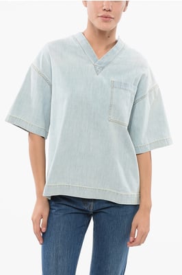 Licht gewassen denim blouse met borstzak in lichtblauw