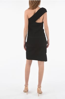 Mini-jurk met één schouder en BUBBLE KNIT in zwart