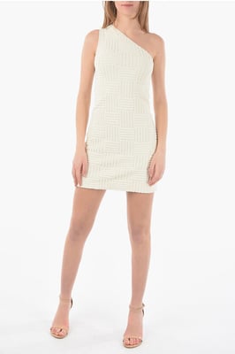 Gevlochten spons mini-jurk met één schouder van INTRECCIO TOWELLING in beige