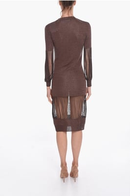 Metallic viscose gebreide midi-jurk met kettingdetails in bruin