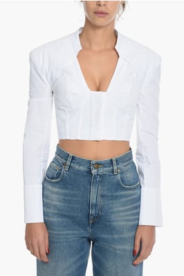 Popeline katoenen crop top met lange mouwen in wit