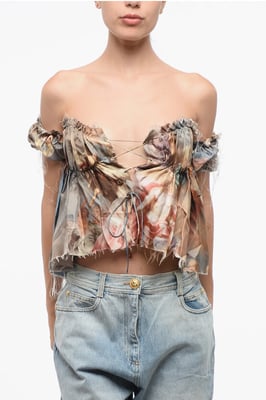 Bedrukte zijden off-shoulder top in veelkleurig