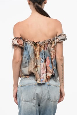 Bedrukte zijden off-shoulder top in veelkleurig