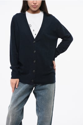 Effen V-hals vest van wol en nylon in blauw