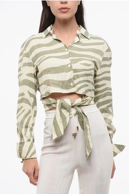Cropped shirt met dierenmotief en knoopdetail in beige en verde