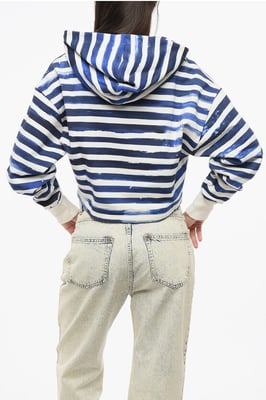 Tweekleurige gestreepte cropped hoodie met hartjesprint in Bianco, Blu