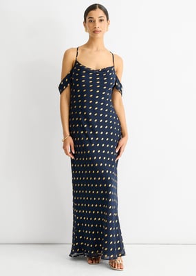 Marineblauwe maxi-jurk met col, afhangende mouwen en folieprint