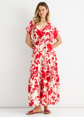 Rode maxi-jurk met bloemenprint en elastische tailleband