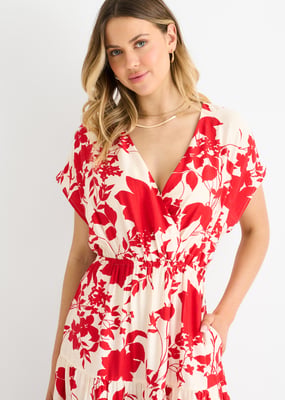 Rode maxi-jurk met bloemenprint en elastische tailleband