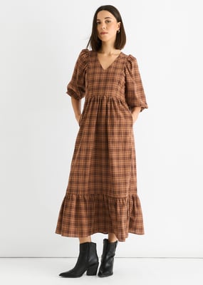 Bruine Katoenen Puff Mouwen V-Hals Midi Jurk
