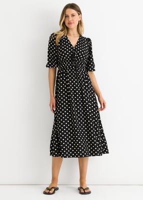 Zwarte stippenprint midi-jurk met gerimpelde taille