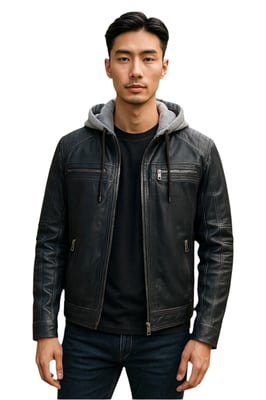 Heren blauwe capuchon biker lamsleren jas - Ingham