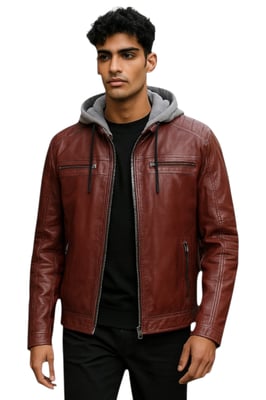 Heren Ox Red Hooded Burgundy Biker Lamsleren Jas - Ingham