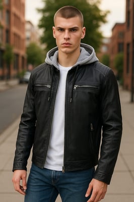 Heren blauwe capuchon biker lamsleren jas - Kingston