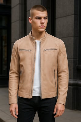 Beige Modern Klassiek Leren Gewatteerd Bikerjack voor Heren - Smithton