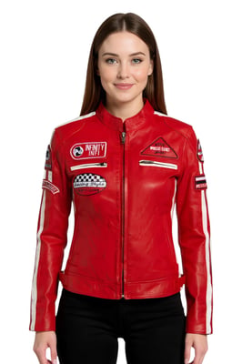 Dames rode leren bikerjack met racebadges - Dalby