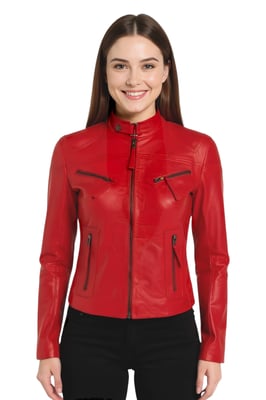 Dames Rood Casual Slim-Fit Leren Bikerjack - Tulsa