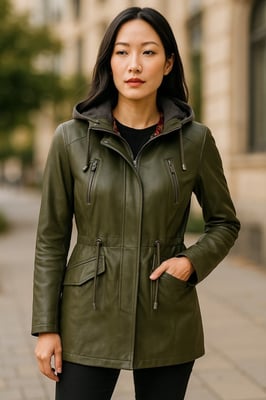 Dames groene leren parka met capuchon - Clare