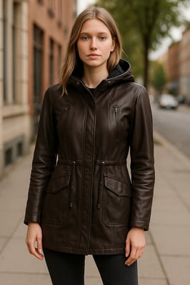 Dames bruine leren parka met capuchon - Clare