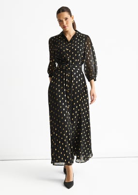 Zwarte chiffon maxi-shirtjurk met ceintuur