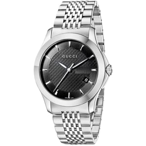 Gucci G-Timeless YA126402 Herenhorloge met zwarte wijzerplaat en zilveren armband