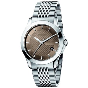 Gucci G-Timeless herenhorloge YA126406 met bruine wijzerplaat en zilveren armband