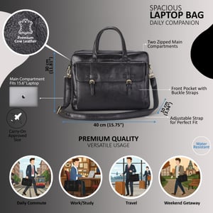 Echte leren laptoptas in zwart, met schoudertas van Satchel Messenger - Belmont