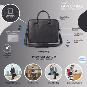 Echte leren zwarte laptop- en zakentas, kantoor- en werktas - Sutton
