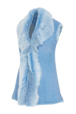 Damesblauw Toscaanse schapenvacht lang gilet-Sorocaba